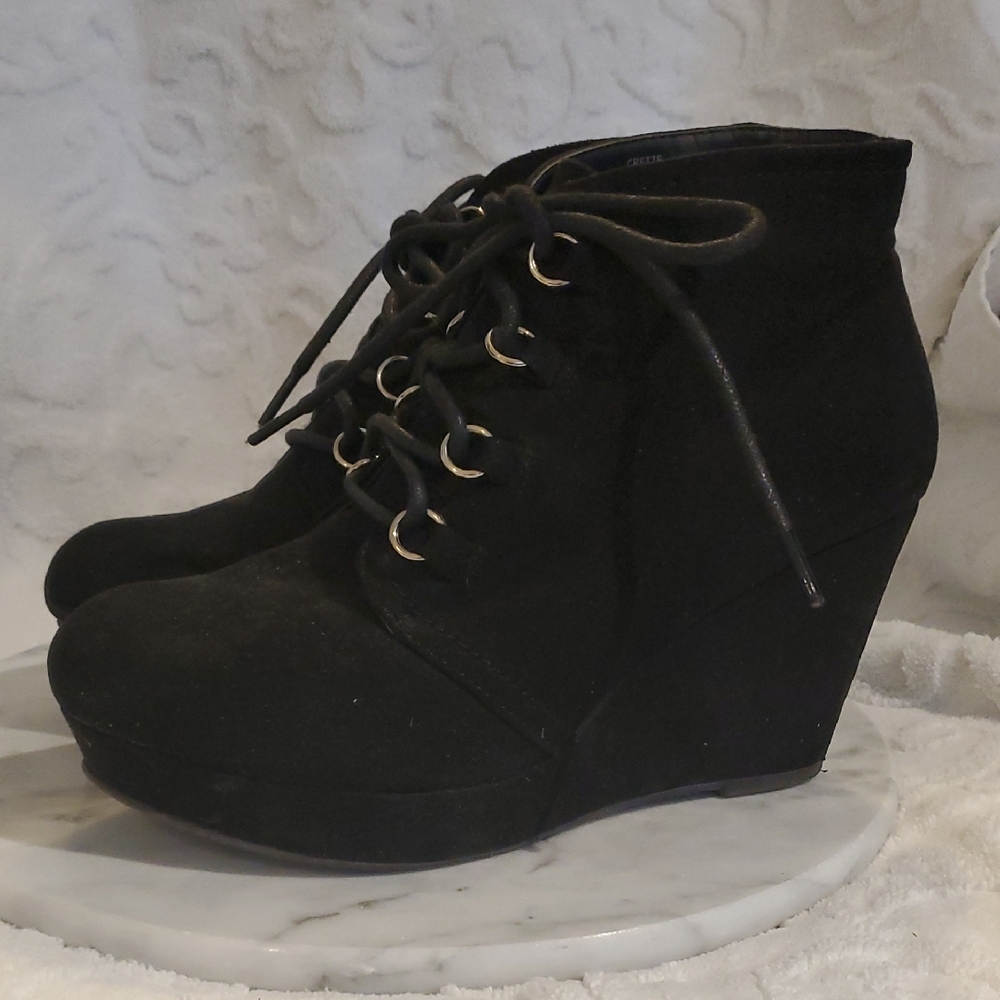 JustFab Black Lace Up Wedge Boots